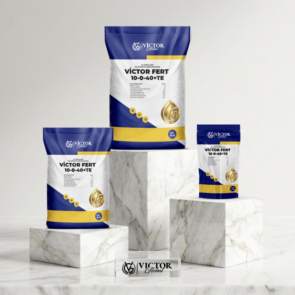 Victor Fert 10-0-40+TE Gold is a high-potassium fertilizer with macro and micro nutrients for drip and foliar application. It meets plants' potassium needs, encourages early ripening, and increases disease resistance.