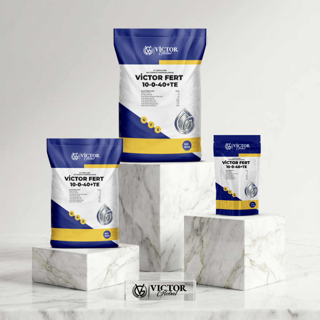 Victor Fert 10-0-40+TE Silver is a high-potassium fertilizer with macro and micro nutrients for drip and foliar application. It meets plants' potassium needs, encourages early ripening, and increases disease resistance.