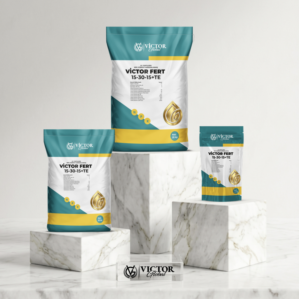 Victor Fert 15-30-15+TE Gold is a drip and foliar fertilizer with macro and micro nutrients. Its high phosphorus level supports root development, maturity, and fruit quality, contributing to photosynthesis and DNA formation. It's used during growth stages to meet phosphorus needs.