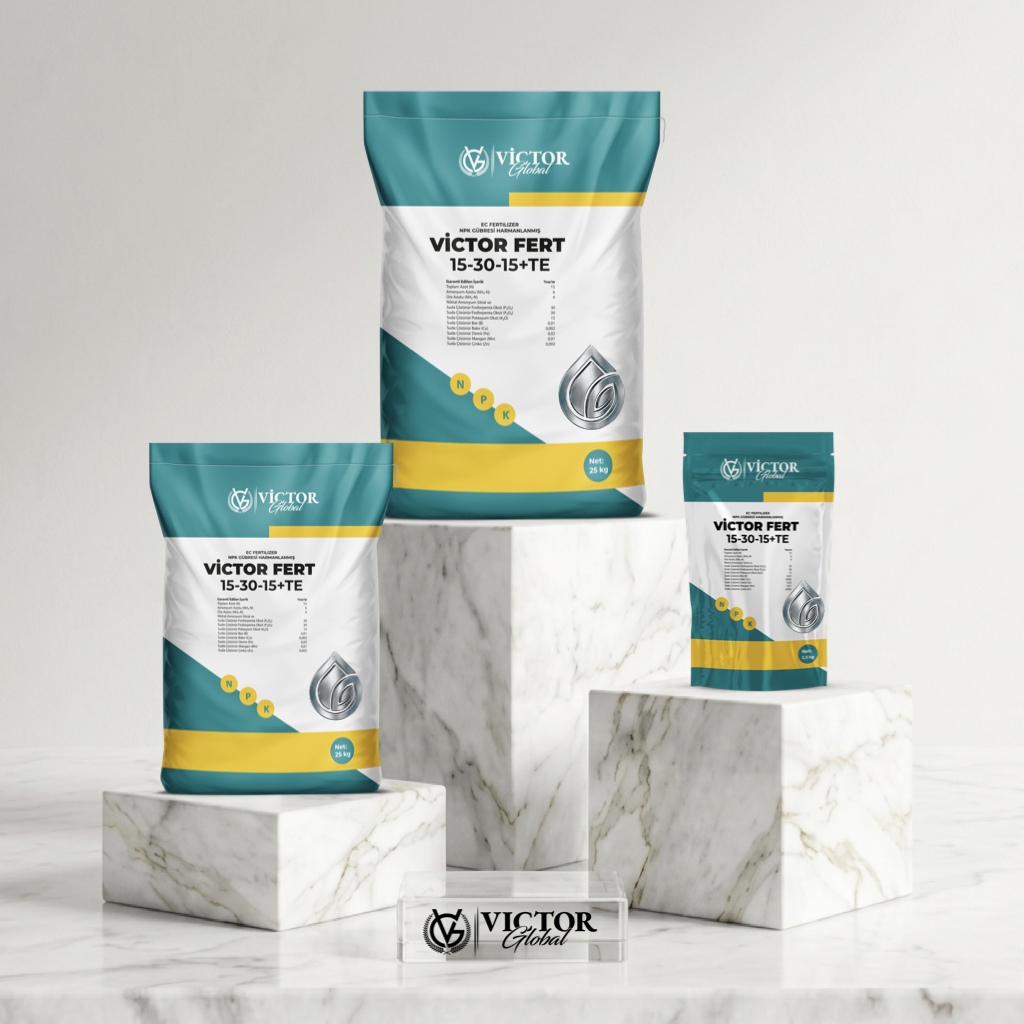 Victor Fert 15-30-15+TE Silver is a drip and foliar fertilizer with macro and micro nutrients. Its high phosphorus level supports root development, maturity, and fruit quality, contributing to photosynthesis and DNA formation. It's used during growth stages to meet phosphorus needs.